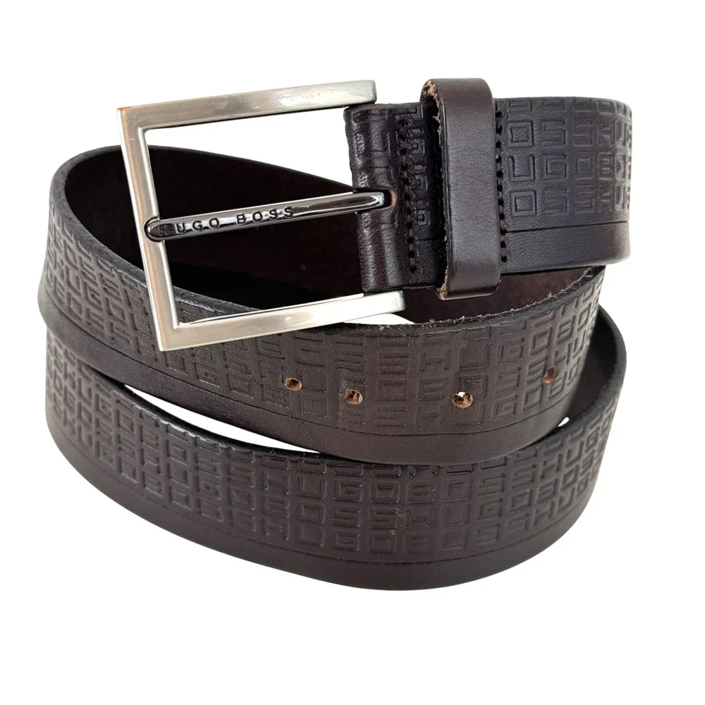 VTG 90s Hugo Boss Embossed Leather Belt Brown Logo Print Silver Buckle Sz 105-40